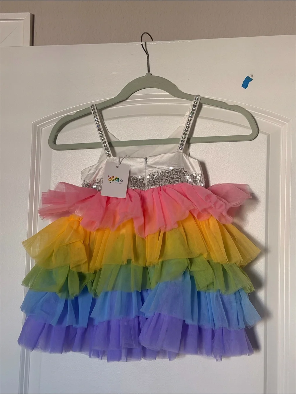 Lola + The Boys White Rainbow Tulle Dress with Silver Sequin Bow